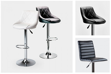 Collection of chrome metal and white and black PU Leather adjustable bar chairs, on a white background